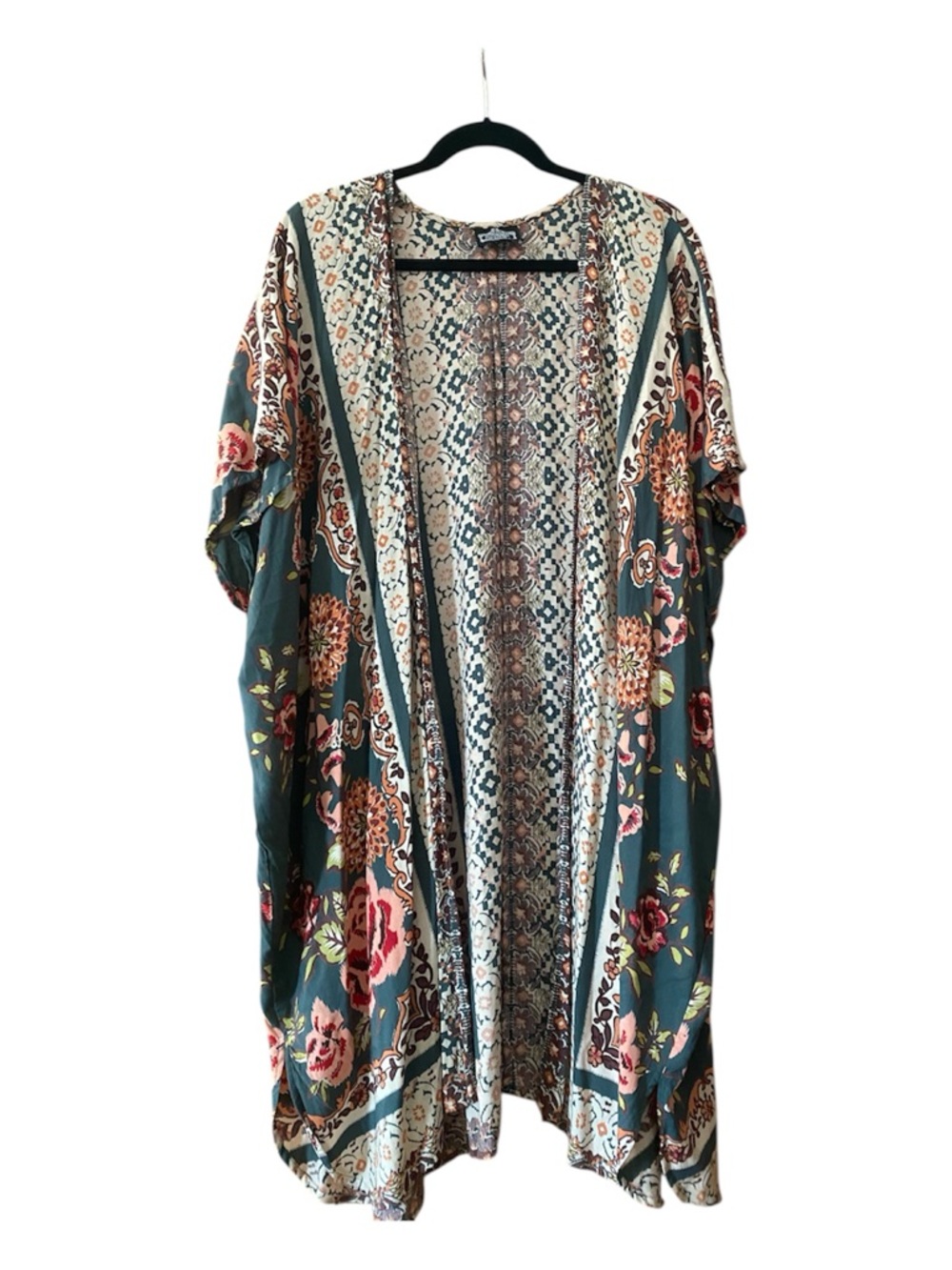 Angie Boho Kimono Cardigan OS Green Floral Patchwork Open Front Festival